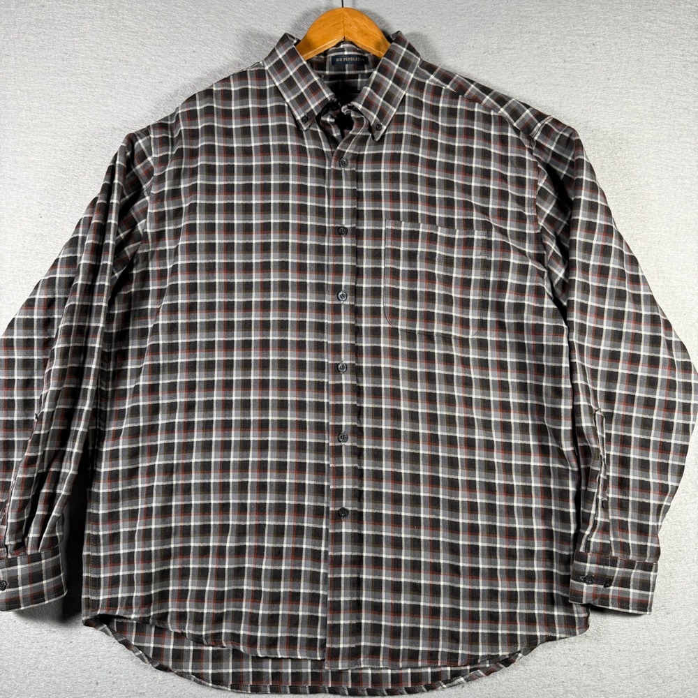 Sir Pendleton Mens XL 100% Virgin Wool Plaid Button Down Shirt Grey Black Orange